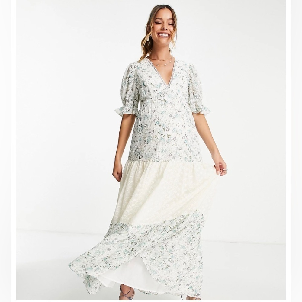 ASOS DESIGN Maternity Broderie Tiered Midi Tea dress in Mixed Ditsy Print Size 2